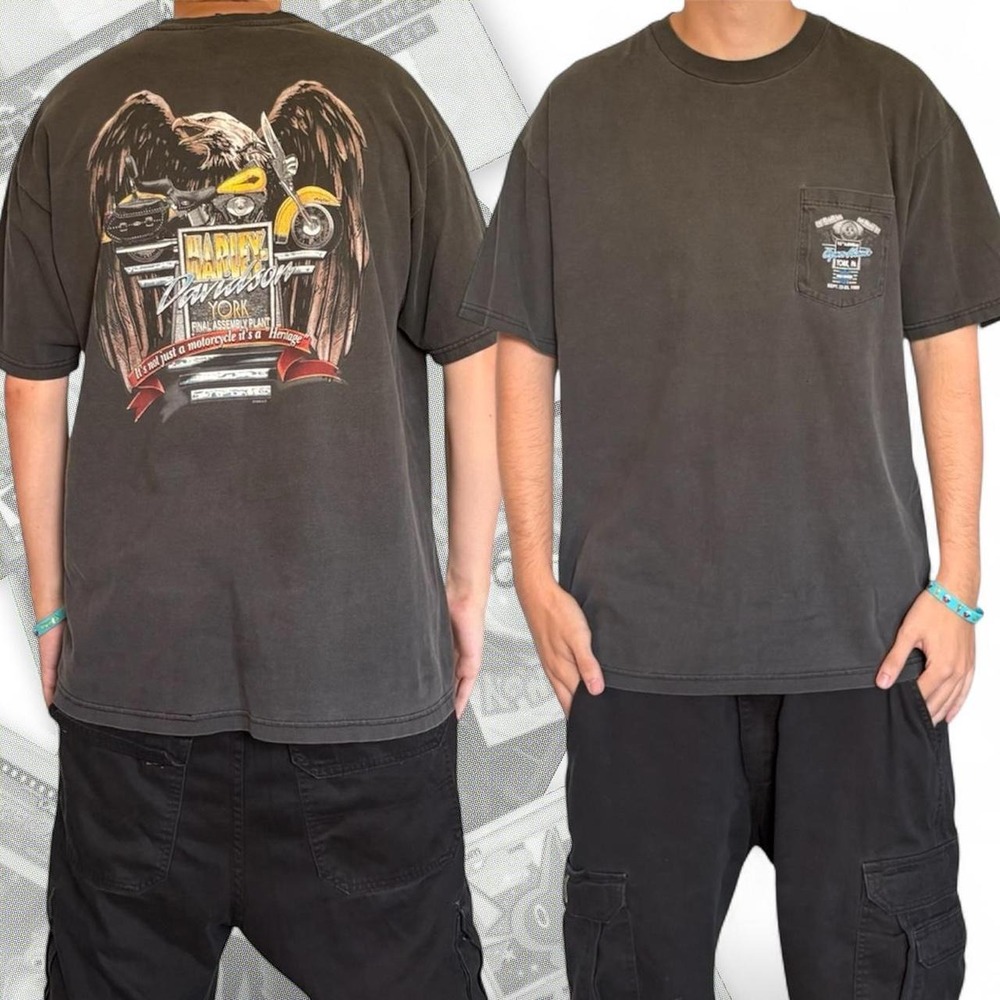 Faded Black Vintage 90’s Harley Davidson Tee Graphic Eagle Pocket